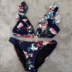 Cupshe Floral Ruffle Bikini - Navy and Pink